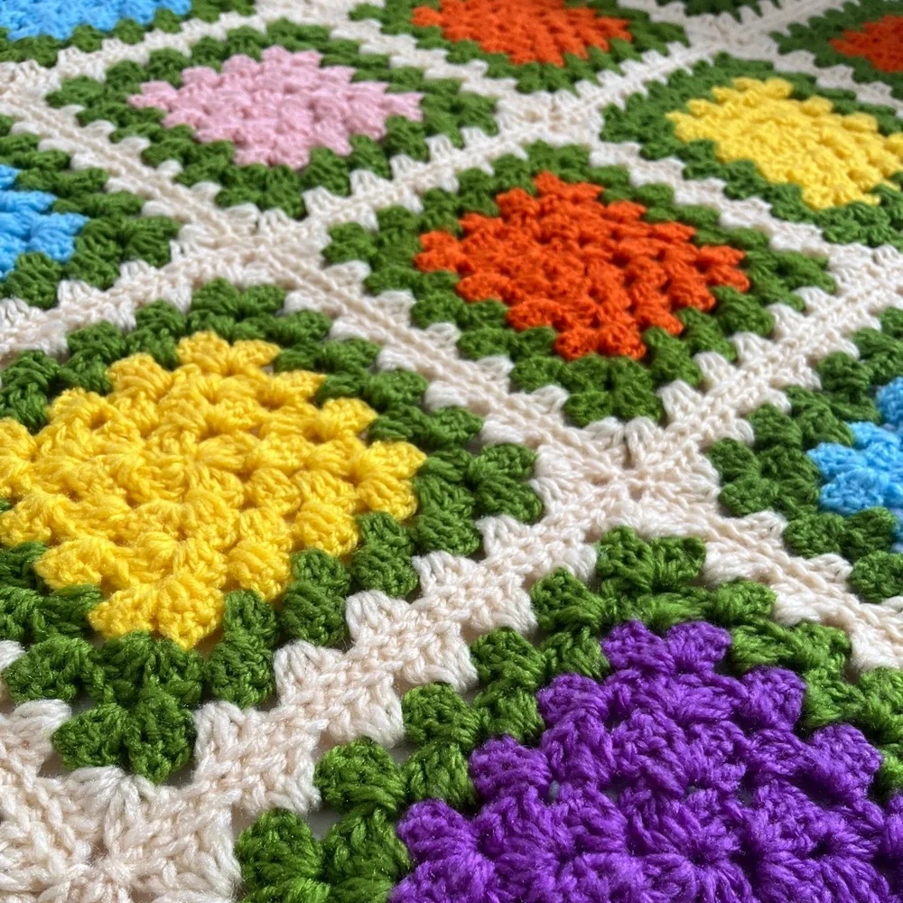 Handmade Crochet Green Multicolor Granny Square Afghan Throw Blanket